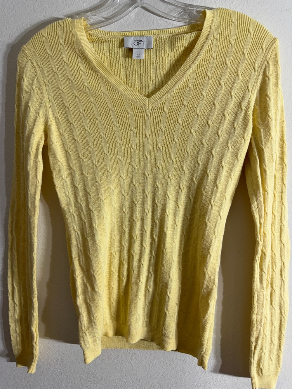 LOFT Pale Yellow Cable-Knit V-Neck Sweater